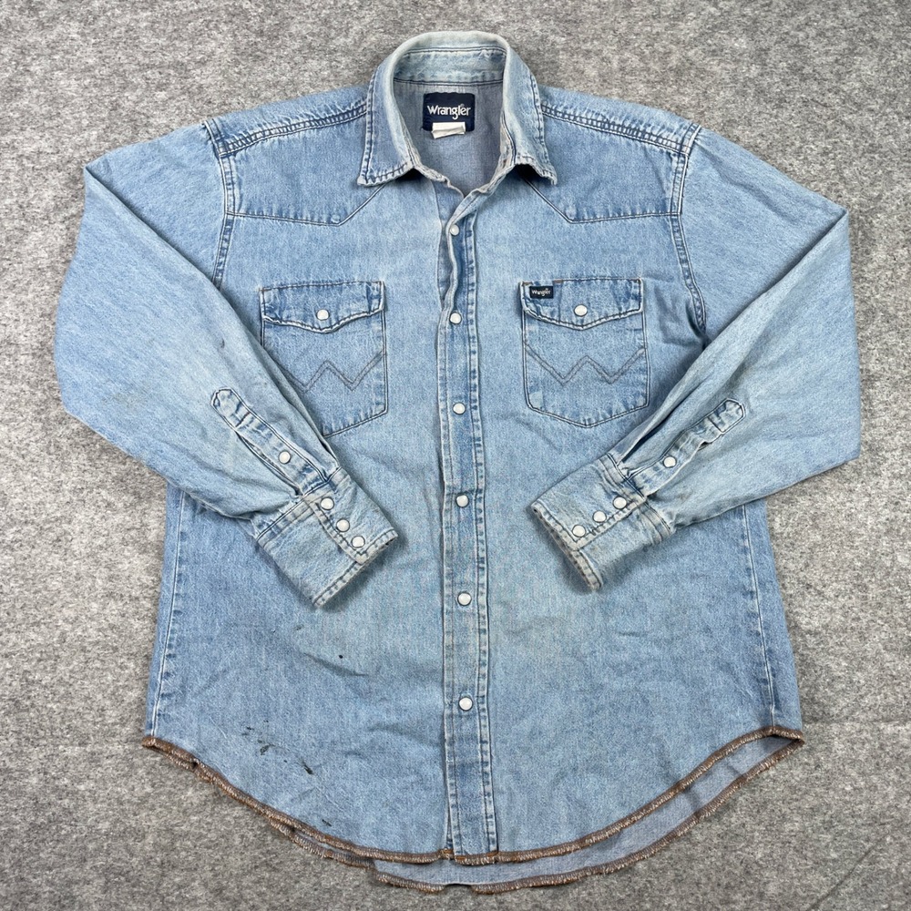 Wrangler Western Denim Shirt Mens Large Blue Pearl Snap Ranch Cowboy Cotton